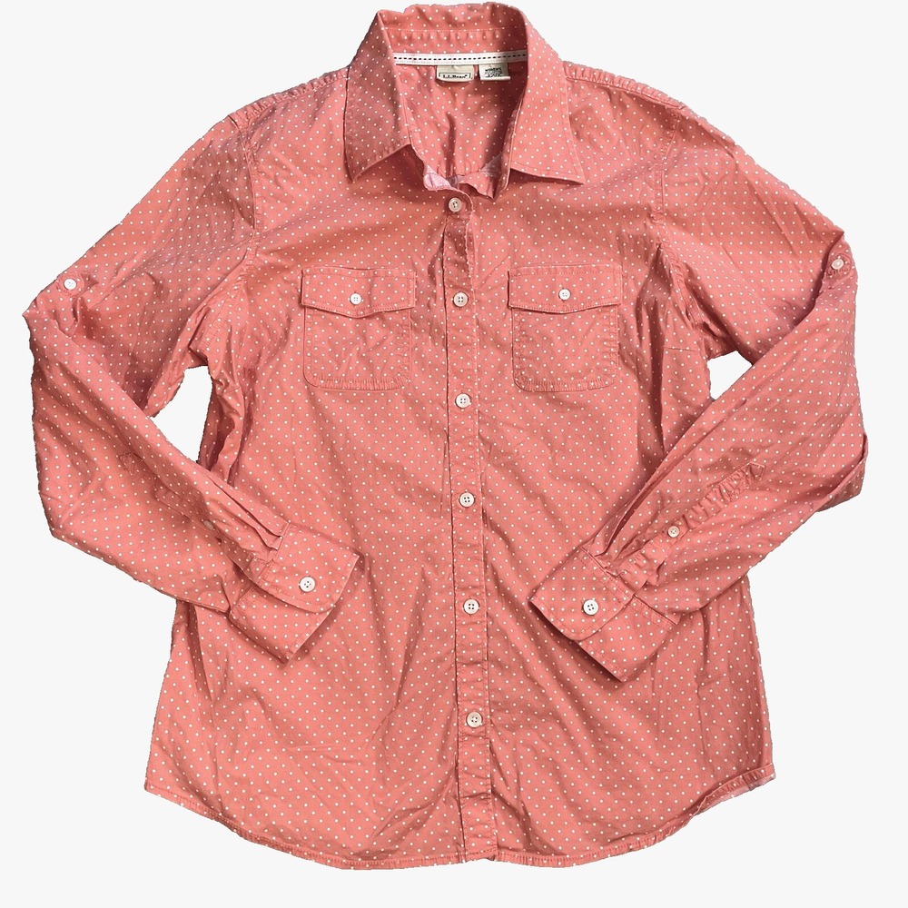 L.L. Bean Women's Large Coral Polka Dot Button Up Shirt Roll Tab Sleeve‎ Size L